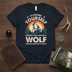 Always Be Yourself Unless You Can Be A Wolf tee featuring a howling wolf against a mountain sunset graphic
