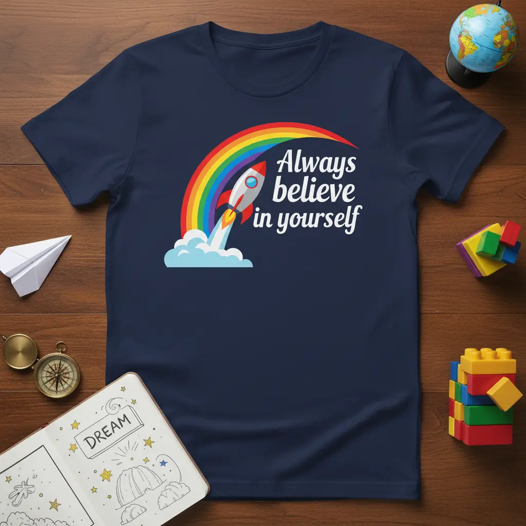 Always believe in yourself quote with rocket and rainbow graphic on a navy blue t-shirt