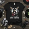 Always Emo Moose t-shirt design featuring a cartoon moose playing an electric guitar with emo hairstyle and accessories