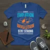 Always Evolution Involution Stay Strong quote t-shirt design with winged figure and gears