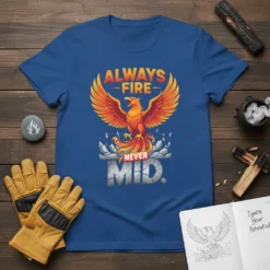 Always Fire Never Mid. quote with a vibrant phoenix graphic on a blue t-shirt