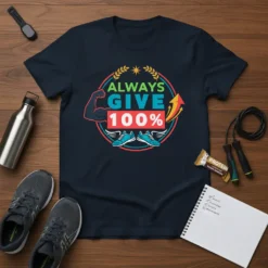 Always Give 100% text with muscle arm, sneakers, and upward arrow graphic on a navy blue t-shirt
