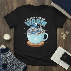 Always Keep Warm t-shirt design with a cute seal in a hot chocolate mug, winter snowflakes, and cozy hat and