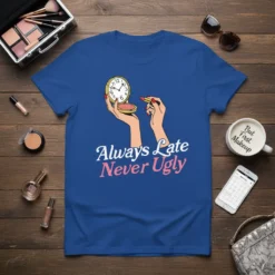 Always Late Never Ugly quote on a blue t-shirt, featuring hands applying makeup and a clock graphic