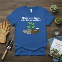Always leave things better than you found them quote t-shirt with graphic of plant growing in dry soil being watered