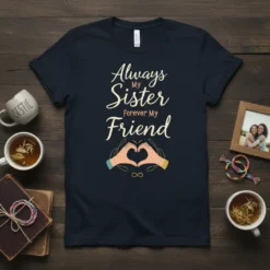 Always My Sister Forever My Friend quote t-shirt with heart hands graphic and infinity symbol