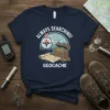 Always Searching! Geocache t-shirt design with compass, treasure chest, and map graphic