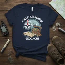 Always Searching! Geocache t-shirt design with compass, treasure chest, and map graphic