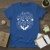 Always Spread Kindness quote on a blue t-shirt with doves and hearts graphic, inspirational message design
