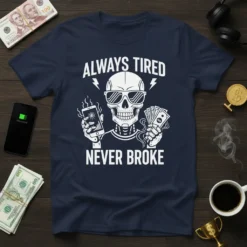 Always Tired Never Broke skeleton t-shirt design with sunglasses holding phone and money