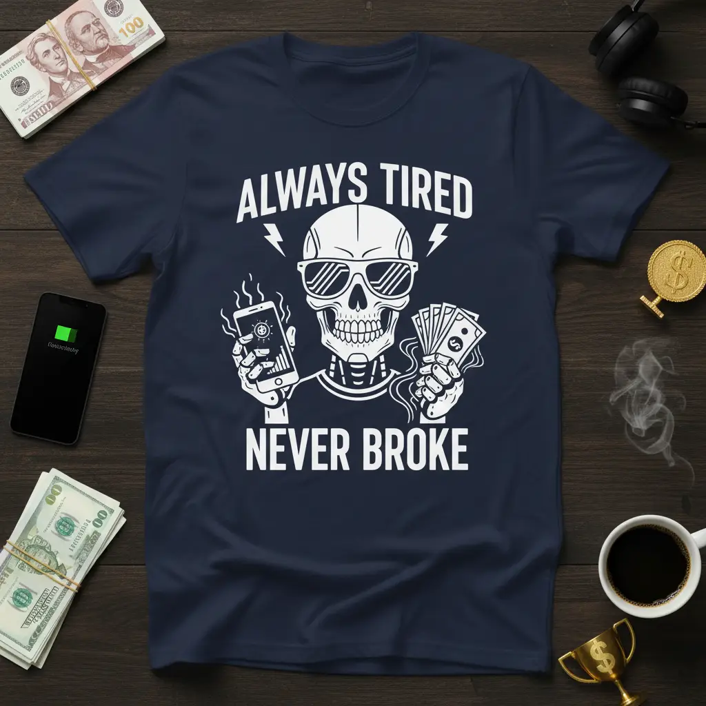 Always Tired Never Broke Skeleton T-Shirt Funny Money Gift