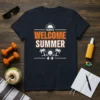 Always Welcome Summer t-shirt with sun, palm trees, and dumbbell graphic
