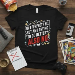 Black t-shirt with bold white and red text "Am I Perfect? No. But Am I Trying To Do Better? Also