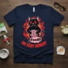 Black cat with red eyes holding a brain on a navy t-shirt, text reads "Food!! AM VERY HUNGRY" in red