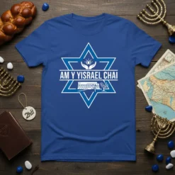 Am Y Yisrael Chai T-Shirt with Star of David, hands, keyboard, and tree graphic