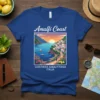 Amalfi Coast Costiera Amalfitana Italia t-shirt design featuring coastal town scenery, boats, and sunset