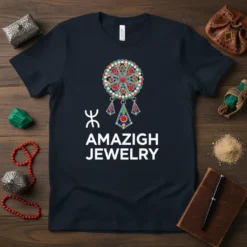 Amazigh Jewelry t-shirt design with Tifinagh symbol and intricate Berber jewelry graphic