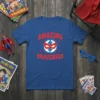 Amazing Braveness text with superhero mask and lightning bolt graphic on a blue t-shirt