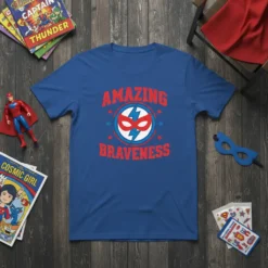 Amazing Braveness text with superhero mask and lightning bolt graphic on a blue t-shirt