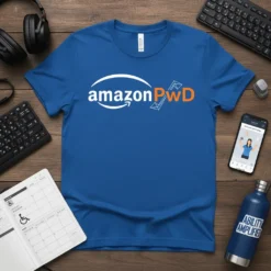 Blue t-shirt with the Amazon logo and "PWD" text in orange, representing AmazonPWD