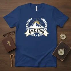 AME ZION text on a navy blue t-shirt with a mountain and sun graphic, surrounded by laurel leaves