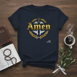 Navy t-shirt with gold "Amen" text, cross, wings, and figures in a laurel wreath design