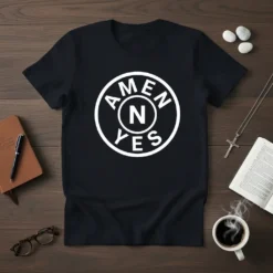 Black t-shirt with "Amen N Yes" text in a white circular design, featuring the letter N in the center
