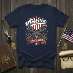 America 1776 * 2026 design on a navy t-shirt featuring crossed muskets, shield with American flag, and patriotic stars