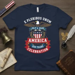 America 250 Years Celebration T-Shirt with "E Pluribus Unum" and July 4, 2026 text, featuring an eagle and shield graphic