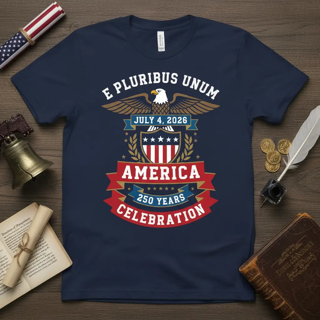 E Pluribus Unum text and eagle graphic on America 250 Years Celebration July 4 2026 t-shirt design