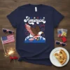 America 4th of July t-shirt design with a bald eagle, fireworks, and city skyline in patriotic colors
