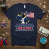 Black cat wearing colonial attire and sunglasses saluting the American flag with "America 4th of July Independence Day" text