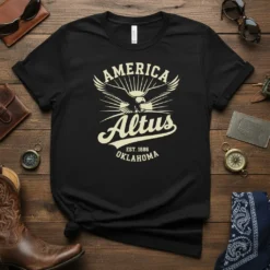 Black t-shirt with "America Altus Oklahoma Est 1886" text and eagle graphic in cream, vintage style