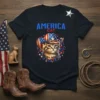 America Cat T-Shirt featuring a cute cat wearing a patriotic cowboy hat and stars design