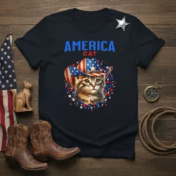 America Cat T-Shirt featuring a cute cat wearing a patriotic cowboy hat and stars design