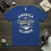 America Crystal Lake Illinois t-shirt design with vintage text and skyline graphic