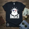 America Eagle T-Shirt with USA flag sunglasses and "AMERICA" text, white eagle graphic, navy blue shirt