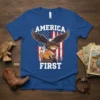 America First Cat Cowboy Eagle T-Shirt featuring a cowboy cat, eagle, and American flag graphic