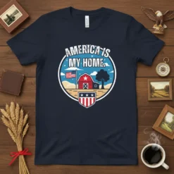America Is My Home patriotic t-shirt with red barn, American flag, and shield graphic
