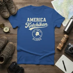 America Ketchikan Alaska T-Shirt with vintage text and state outline, est. 1900 design
