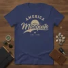 Retro America Mesquite Est 1984 graphic t-shirt design featuring vintage typography and mountain sunset graphic