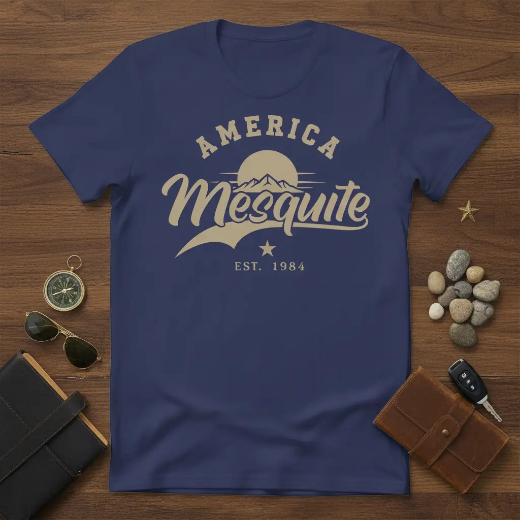 America Mesquite Est 1984 retro graphic t-shirt with vintage mountains and sun design