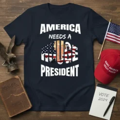 America Needs A Rude President t-shirt with Donald Trump's face behind bars and the American flag graphic