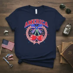 Navy blue t-shirt with the word AMERICA in red and blue lettering, surrounded by a wreath, a patriotic bow, and