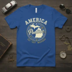 America Pontiac Est. 1837 Michigan retro t-shirt design with map outline and vintage typography