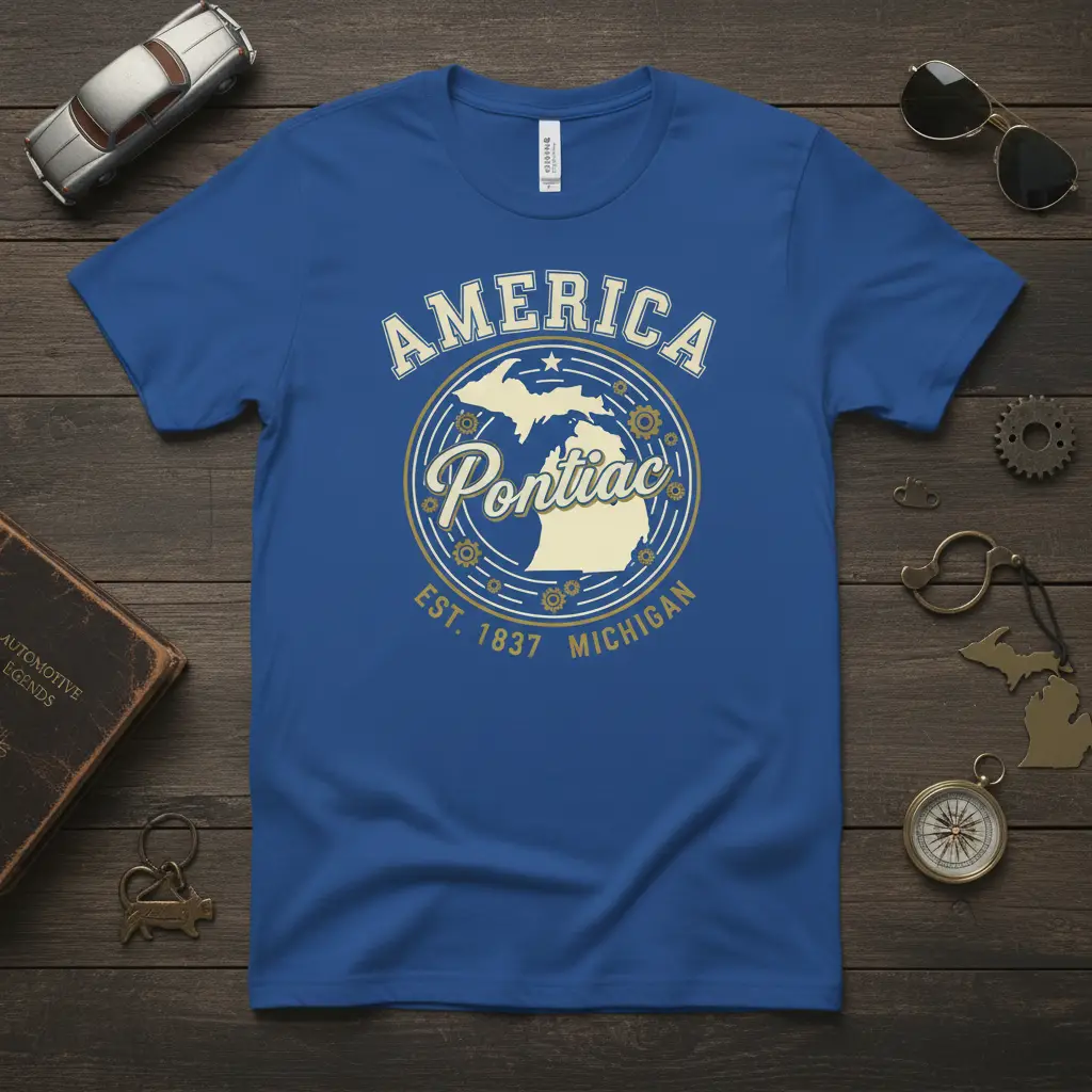America Pontiac Est. 1837 Michigan retro automotive t-shirt design with circular emblem and state map