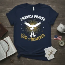 Navy t-shirt with "AMERICA PRAYED GOD ANSWERED" text, a white dove, praying hands, and golden sunburst graphic