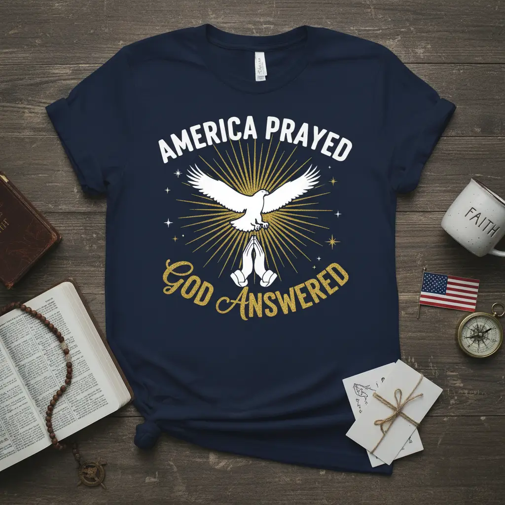 America Prayed God Answered t-shirt featuring a white dove and praying hands with patriotic and religious text