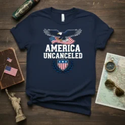 Navy blue t-shirt with bold white text "AMERICA UNCANCELED" below an eagle holding a USA flag and a shield emblem