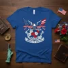 America The Beautiful t-shirt with eagle, roses, and American flag elements. Patriotic USA design